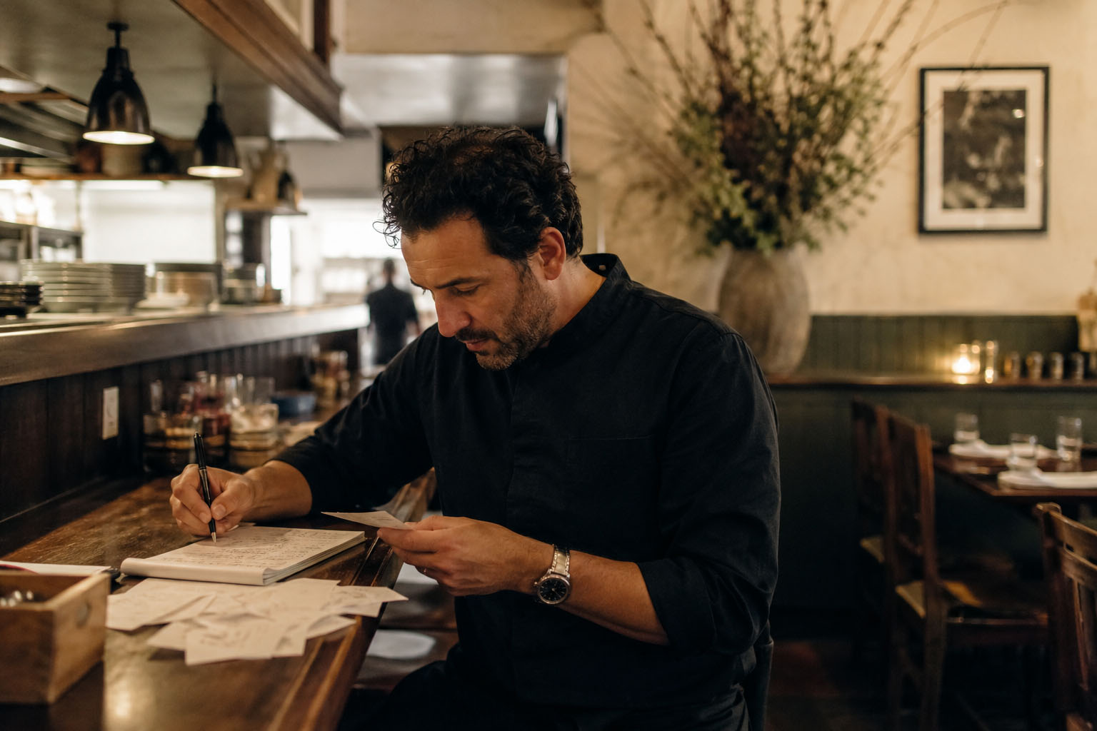 Restaurant operator reviewing receipts and handwritten notes before service.