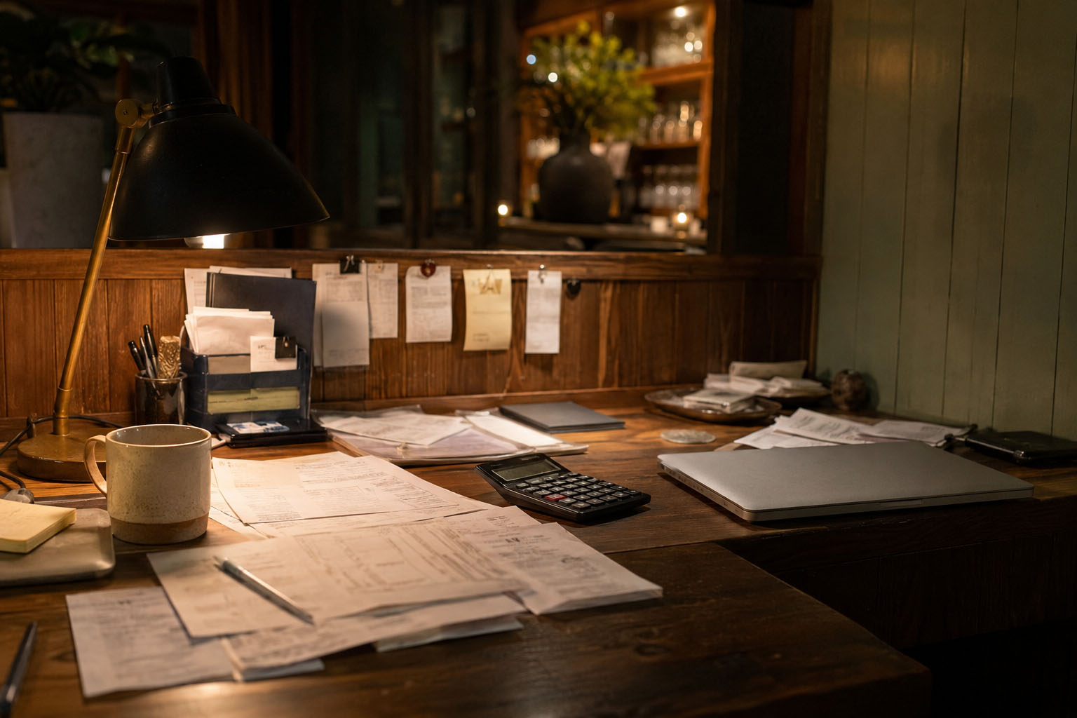 Restaurant desk with invoices, a calculator, and a laptop after service.