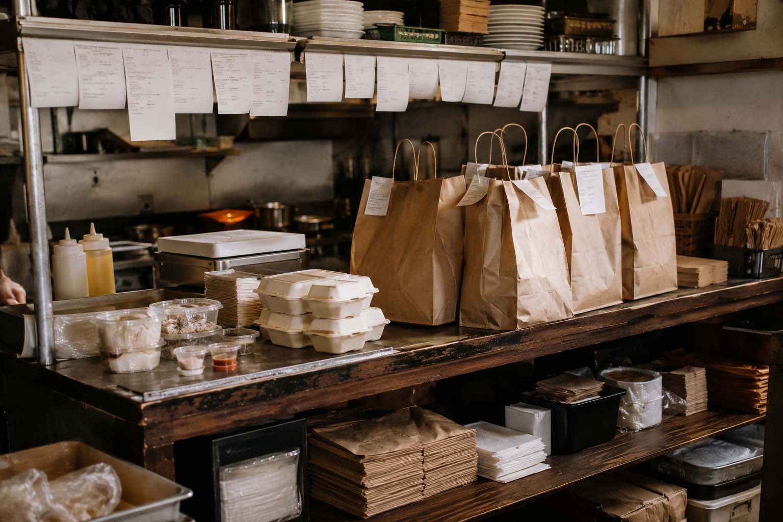 Prepared takeout orders and printed tickets lined along a restaurant pass.