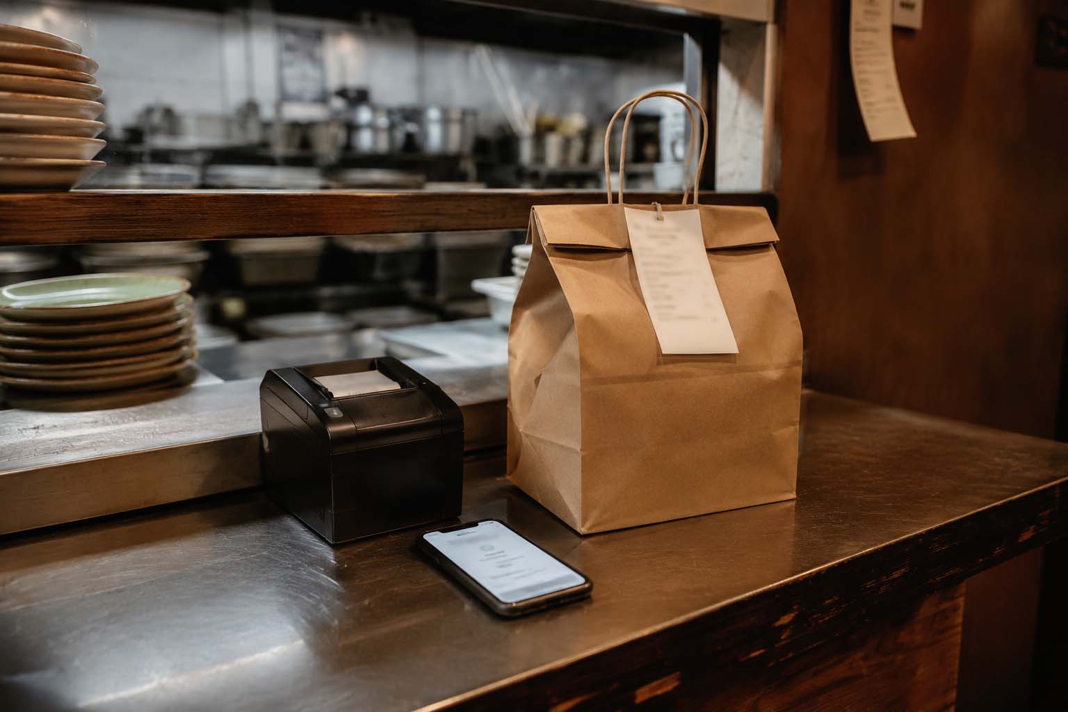 Packed direct-order pickup bag beside a receipt printer and phone at a restaurant pass.