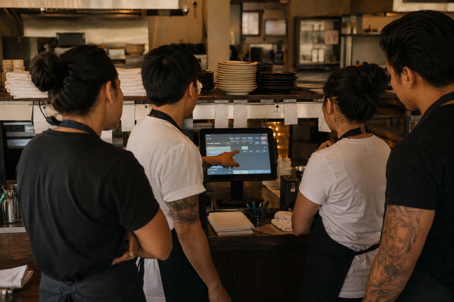 Restaurant team training together around a POS terminal before service.