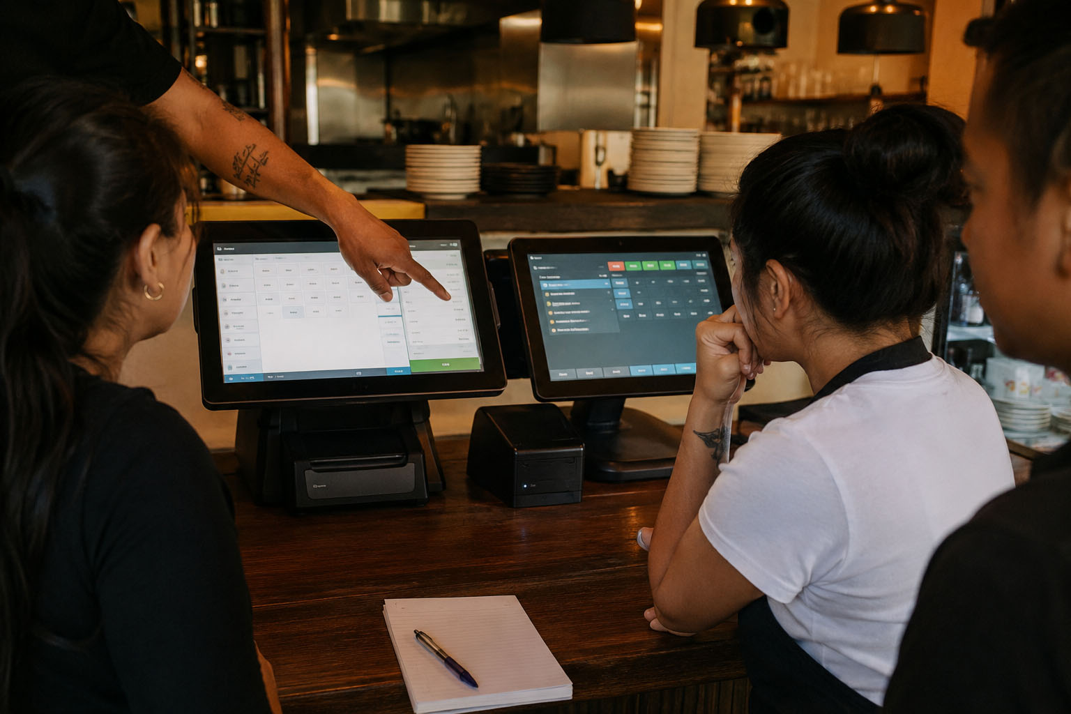 Restaurant team comparing two POS terminals before service.