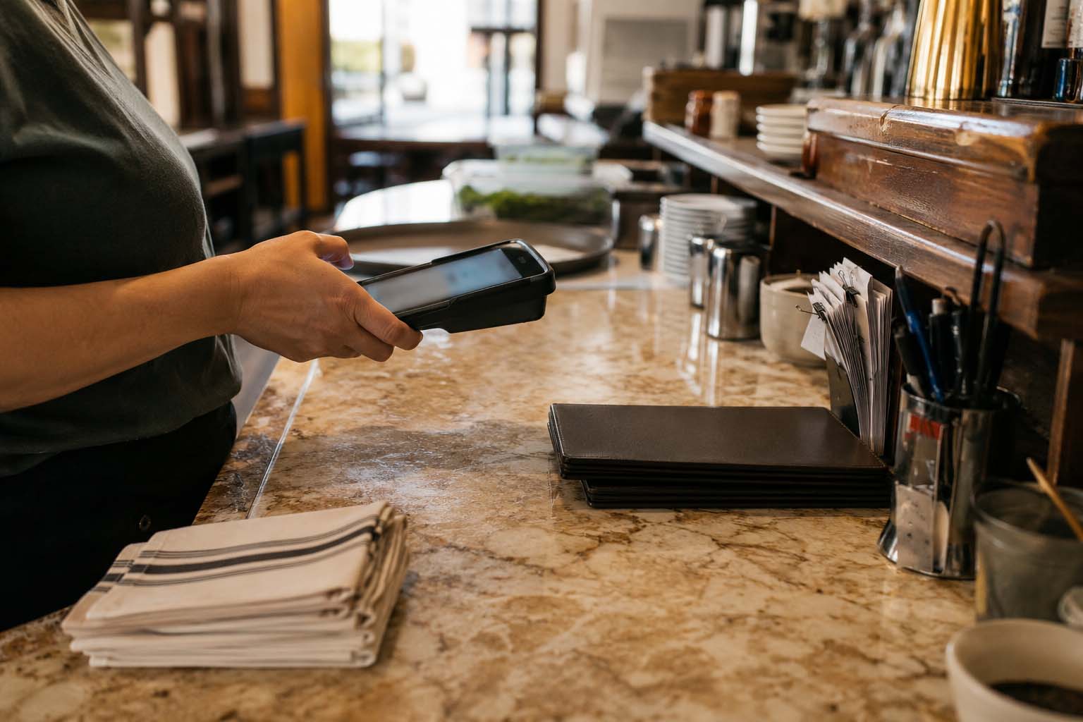 Restaurant worker holding a handheld POS device at the service counter.