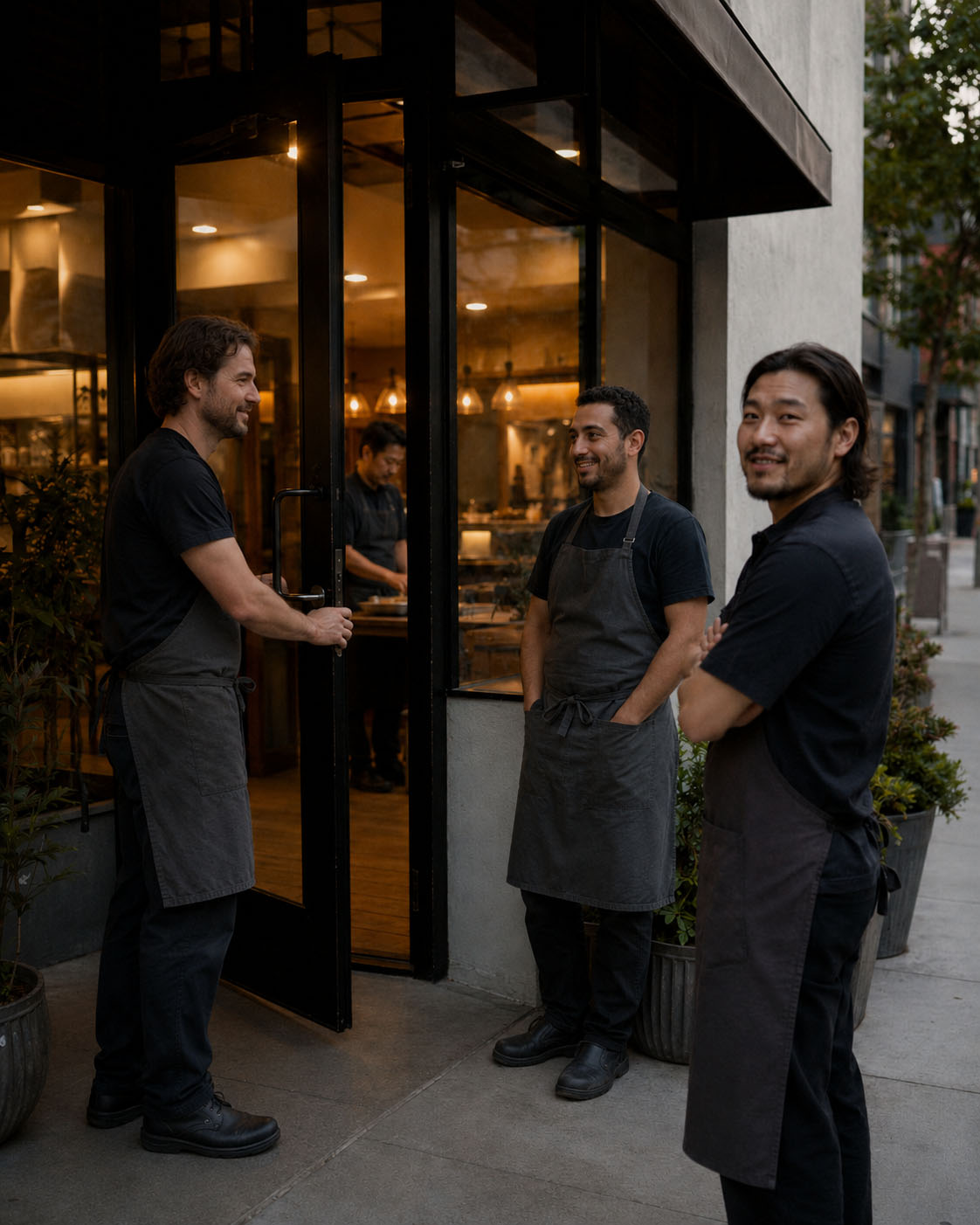 Three restaurant operators standing together outside a warmly lit restaurant.