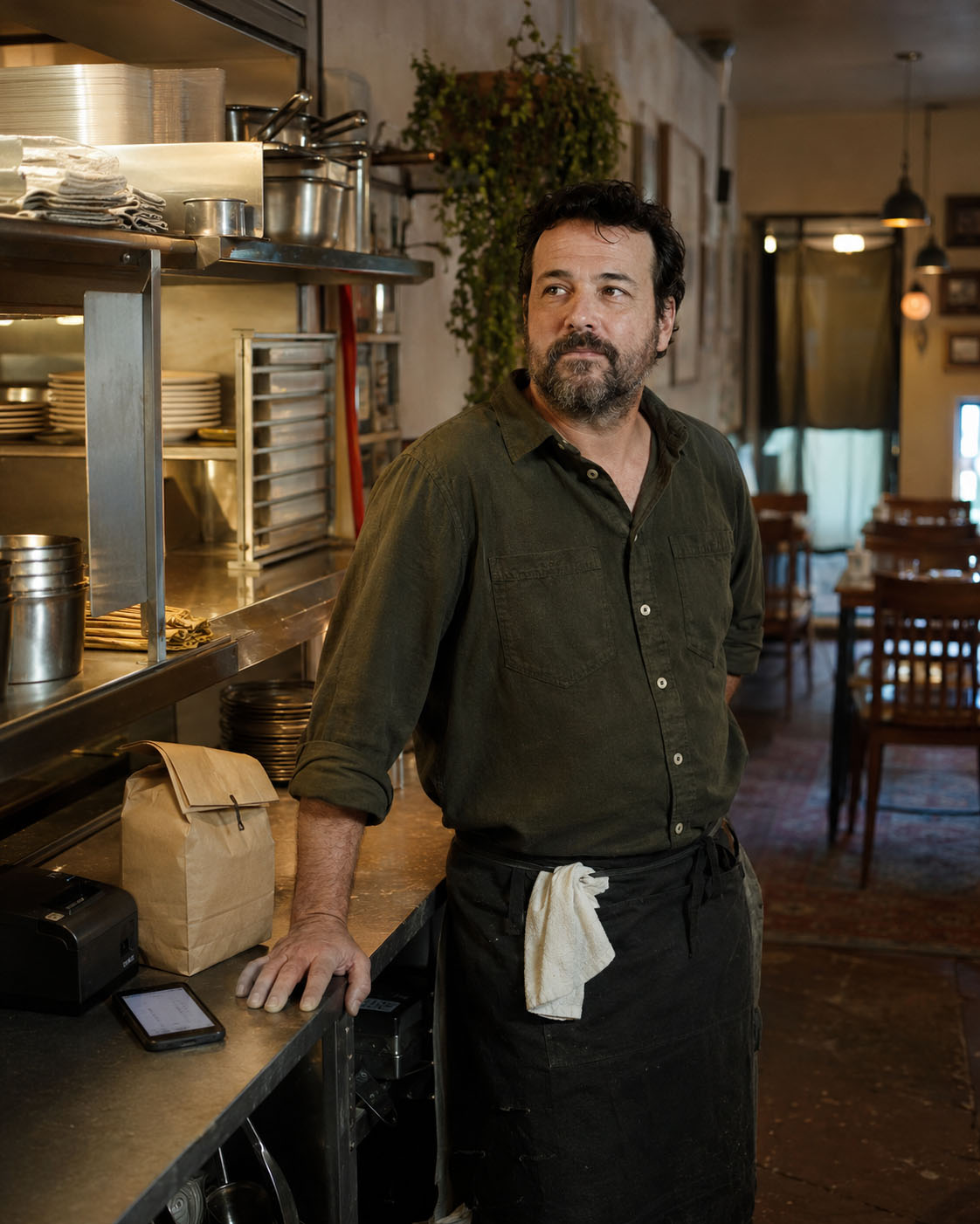 Restaurant operator standing beside the kitchen pass before service.